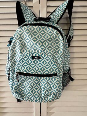 Scout backpack geometric design, teal, and white